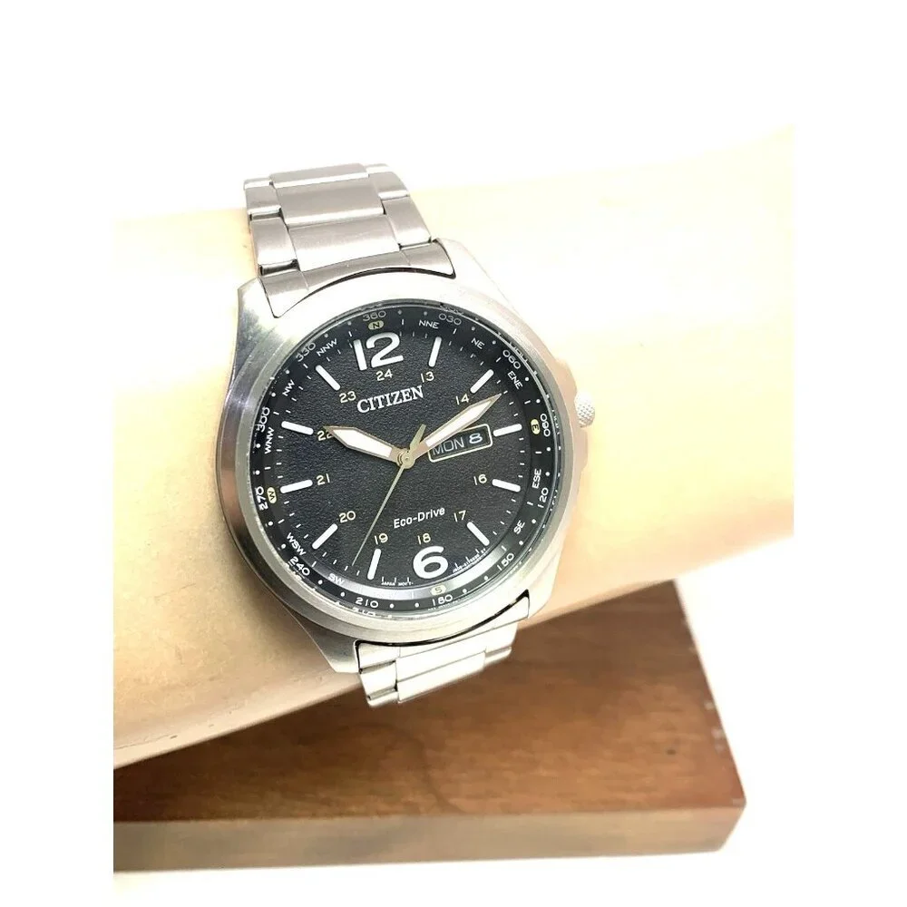 Citizen Men's Watch AW0110-58E Eco Drive Black Dial Day Date Silver Steel 44mm
